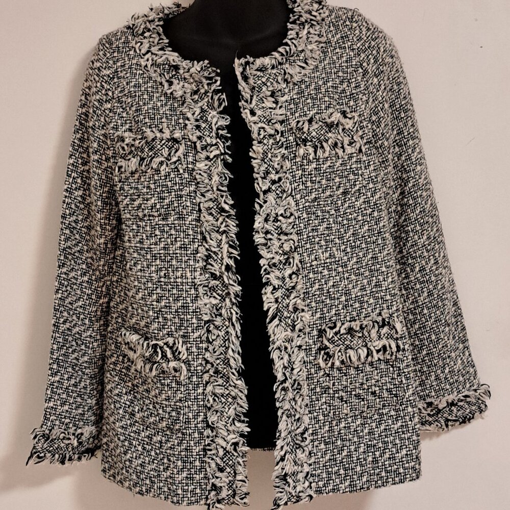 Rienda(Japanese) Wool Blend Black & White Tweed Collarless Jacket Misses Small
